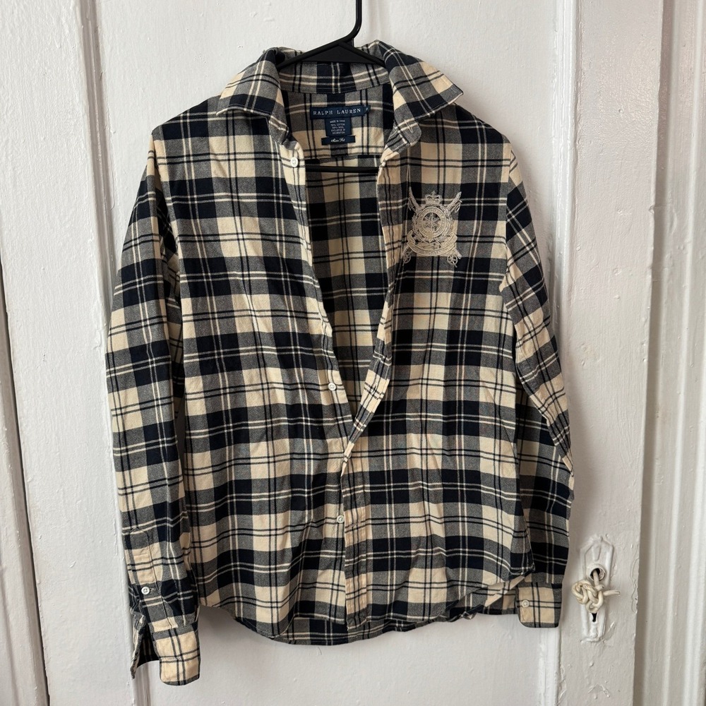 Ralph Lauren Cotton Wool Plaid Slim Fit Shirt Beaded Crest Brown Preppy Academia - Picture 11 of 11